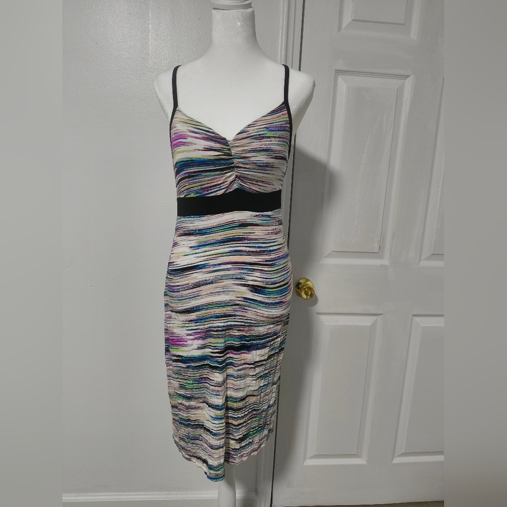 Dakini Multicolor Striped Midi Dress with Black Waistband